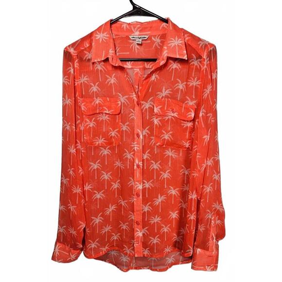 American Eagle Outfitters Women's Orange Palm Tree Print Sheer Blouse Large - Picture 1 of 6